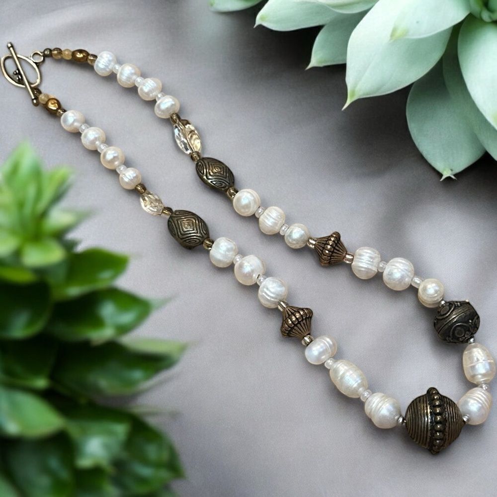Rare one of a Kind Genuine freshwater Pearl and Bronze Beaded Necklace 18”